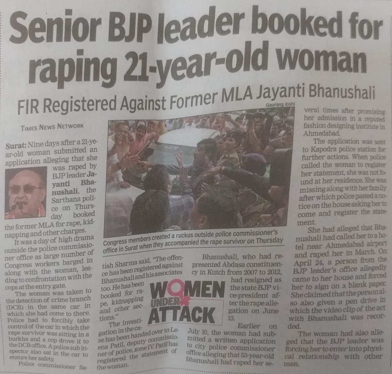 Senior BJP leader booked for raping 21-year-old woman